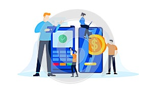 Manage finances mobile banking safety saving online vector flat illustration concept template background