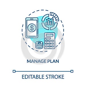 Manage plan turquoise concept icon. Internet tariff cost. Mobile banking. Check balance with phone. Roaming idea thin