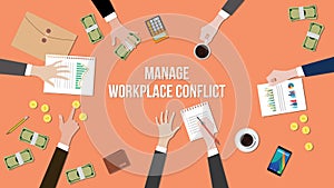 Manage workplace conflict in a meeting illustration with money, paperworks and coins on top of table photo