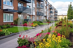 managed, neat flowerbeds in front of economy housing blocks