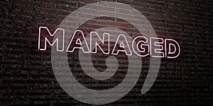 MANAGED -Realistic Neon Sign on Brick Wall background - 3D rendered royalty free stock image