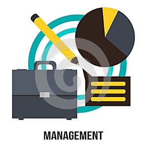 Management Business Concept Vector Design - Suitcase, Diagram And Pencil Presentation