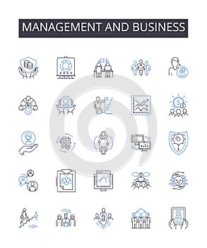 Management and business line icons collection. Administration, Leadership, Governance, Supervision, Direction, Control