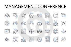 Management conference line icons collection. Executive meeting, Leadership seminar, Professional gathering, Business