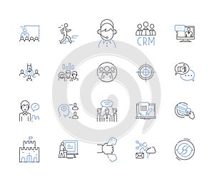 Management department outline icons collection. Managing, Session, Training, Workshop, Business, Leadership, Strategies