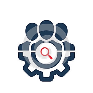 Management icon with research sign. Management icon and explore, find, inspect symbol