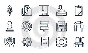 Management line icons. linear set. quality vector line set such as factory, list, ecologism, lifesaver, management, strategy,