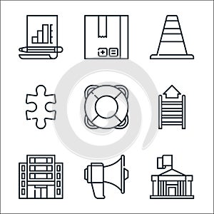 Management line icons. linear set. quality vector line set such as government, megaphone, office, career, lifesaver, problem