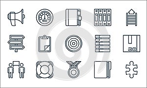 Management line icons. linear set. quality vector line set such as problem solving, medal, communication, project, lifesaver,