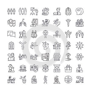 Management meeting linear icons, signs, symbols vector line illustration set