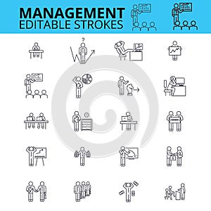 Management ouline vector icons. Editable strokes. Businessman signs set. Human resources thin line icons. Business