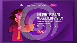 Management System Landing Page Vector. Store. Woma With Laptop. Business Processes. Main Website Page Design