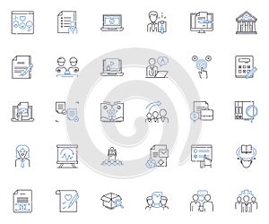 Management training line icons collection. Leadership, Communication, Delegation, Motivation, Teamwork, Goal-setting