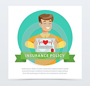 Manager or agent with a document protection, health and life insurance concept, insurance policy banner flat vector