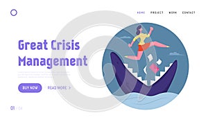 Manager Character Avoid Dangerous or Crisis Situation Website Landing Page. Businesswoman Jumping over Shark