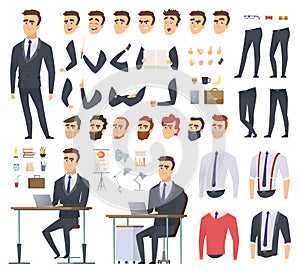 Manager creation kit. Businessman office person arms hands clothes and items vector male character animation project