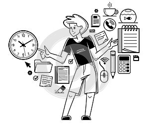 Manager doing office work vector outline illustration, career in company for employee, business and paperwork.