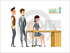 Manager and employees discuss in the office. Business cartoon characters as a team in the corporate environment. Young woman and m