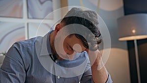 Manager fingers texting keyboard shutting computer desk closeup. Exhausted man