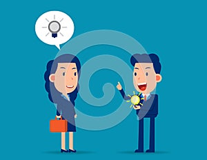 Manager give new idea for colleague. Business creativity concept. Flat cartoon vector style