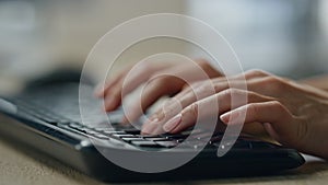 Manager hands typing desktop keyboard closeup. Journalist woman writing article.