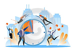 Manager hold deadline clock concept, vector illustration. Business people employee character work for time management