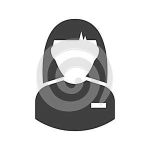 Manager icon. A simple glyph depiction of the upper half of a woman in a suit with a name tag. Isolated vector on pure