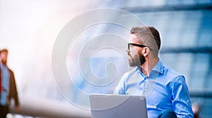 Manager with laptop, sitting on stairs, London, City Hall