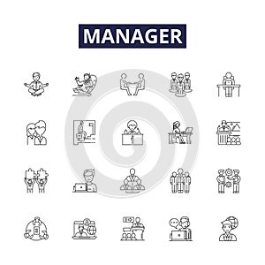 Manager line vector icons and signs. Supervisor, Controller, Coordinator, Leader, Administrator, Director, Chief, Head