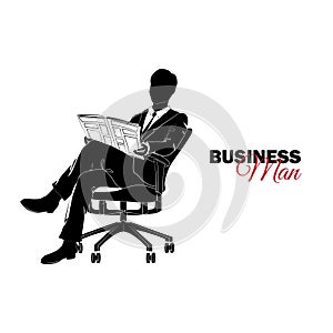 Manager. A man in a business suit. Businessman sitting in a chair reading a newspaper