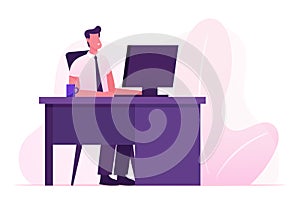 Manager Occupation, Job. Business Man Working on Personal Computer at Office Workplace. Hardwork Male Character