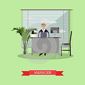 Manager or office worker sitting on chair and working with computer. Business concept vector illustration flat style