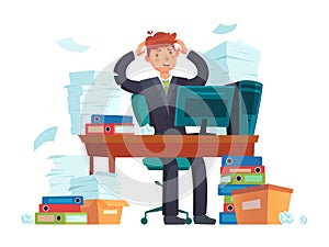 Manager overworked. Office overwork, unorganized paperwork and business work document sheets piles cartoon illustration