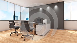 Manager room ,Company executive office Wooden floor, white walls and executive desk.,3d rendering