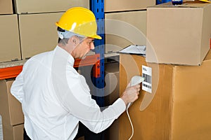 Manager Scanning Cardboard Box With Barcode Scanner