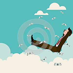 Manager sitting on a cloud. a rain from dollar banknotes. flat style vector illustration.