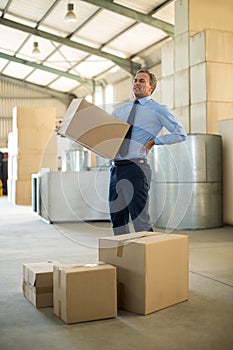 Manager suffering from back pain while holding heavy box