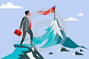 Manager in suit with briefcase climbs top of mountain with red flag - concept of road to success