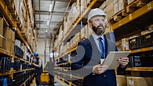 Manager in suit controlling goods in a waehouse.