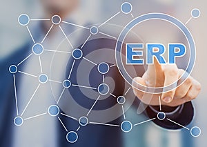 Manager touching ERP concept with connections between services