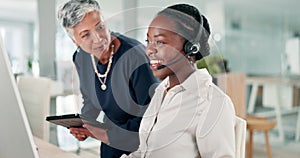 Manager, training and woman in call center office learning with advice in technical support on computer and tablet