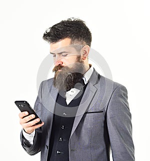 Manager using a phone on white background.