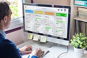 Manager working with agile product development using scrum or kanban methodology, lean project management framework with iterative photo