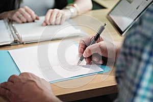 Manager Working As Banking Broker With Old Man Signing Contract