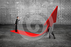 Manager yelling at businessman pushing red trend 3D arrow upward