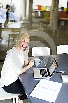 Manageress with mobile phone in office photo