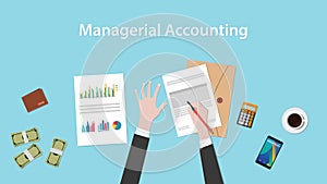 Managerial accounting illustration with a man signing paperworks and folder document, money and calculator on top of photo