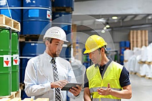 managers and workers in the logistics industry talk about working with chemicals in the warehouse