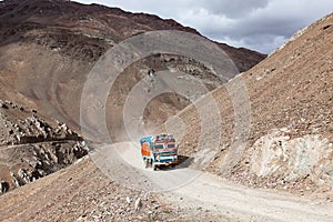 Manali-Leh Road in Indian Himalayas with lorry