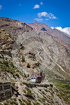 Manali-Leh road in Indian Himalayas with lorry. Himachal Pradesh